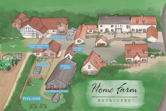 Map: Home Farm Weybourne's shared facilities for its holiday cottages