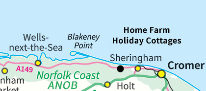 Map of north Norfolk locating Weybourne (on the coast, near Sheringham, and Cromer beyond)